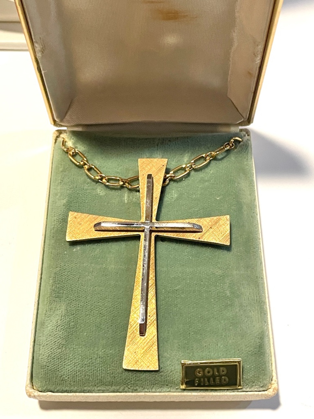 Large Statement 3D Signed GF Cross WEH Two Toned Brushed Gold Silver, Link Chain
